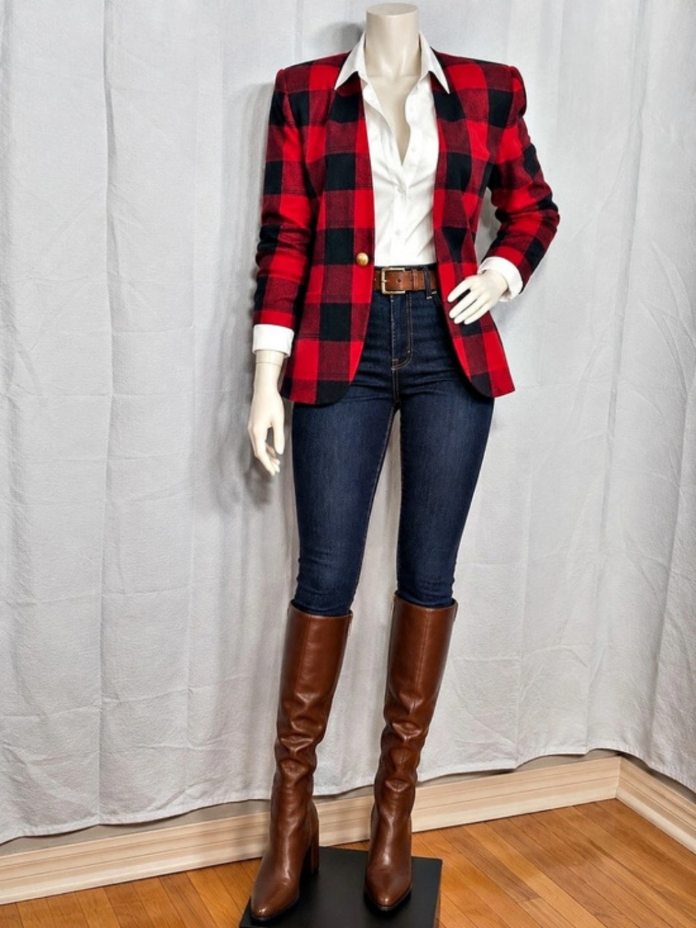 Vintage Megan Barrett Red Black Buffalo Plaid Blazer 10P 90s Preppy Like New